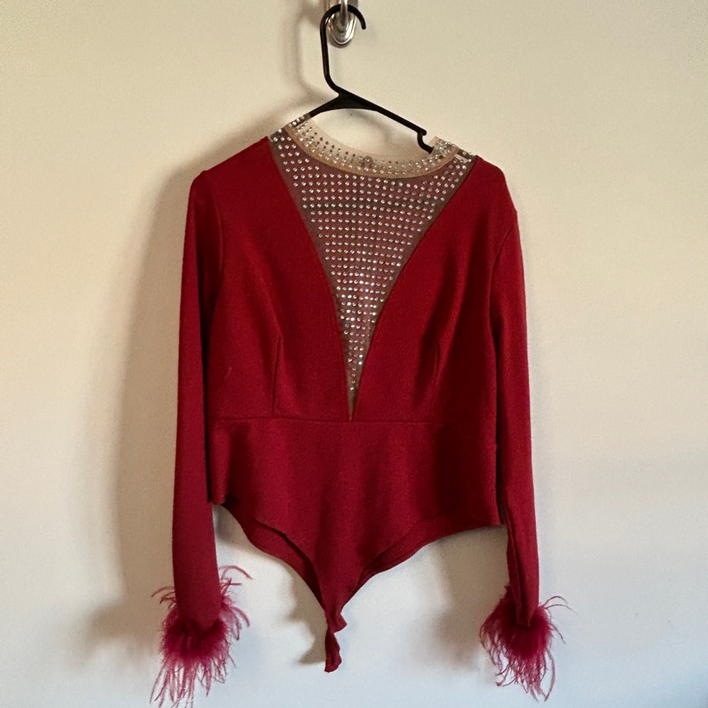 Red Sequin Feather Showgirl Bodysuit 2XL | Bedazzled Leotard for Stage